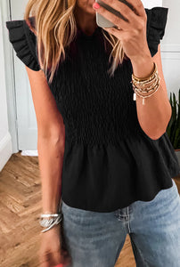 Black Smocked Shirred Top