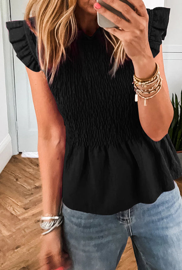 Black Smocked Shirred Top